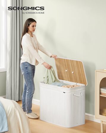 SONGMICS Кошик для білизни з кришкою, 2 відділення, бамбук, складний, знімний мішок для прання, з ручками, 170 л, білий