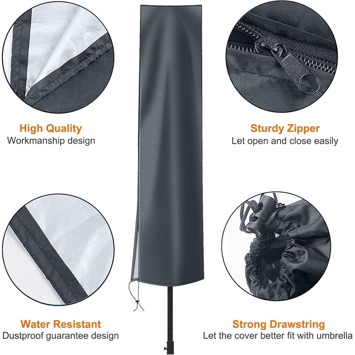 Чохол для парасольки OKPOW 3м, 600D, водонепроникний, з блискавкою, захист від УФ, вітру та снігу (153x30/30 см, темно-сірий)