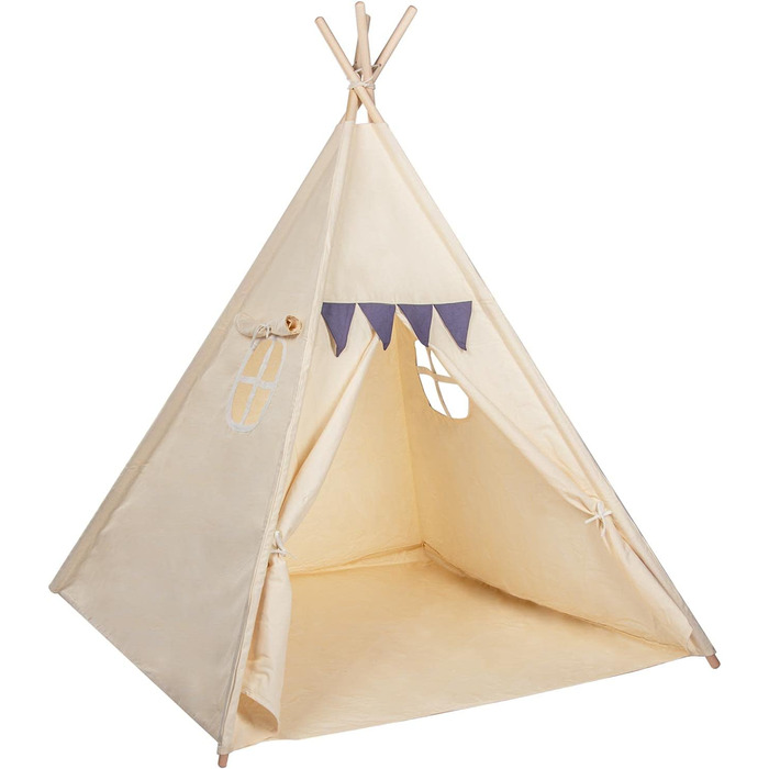 Дитячий намет-типі з натуральних матеріалів Kinder-Spielzelt Tipi - ідеальний подарунок для дитячої кімнати. Намет з бавовни та дерева для гри в приміщенні та на вулиці (Бежевий)