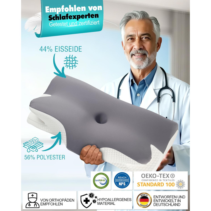 Ортопедична подушка IDEA проти болю в шиї: ергономічна подушка з Memory Foam для сну на боці, спині та животі - для комфортного сну та підтримки шиї (65 x 36 x 11/14 см)