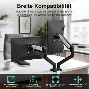 Тримач для монітора NearHub для 2 моніторів, 13-32 дюйми, регульований, VESA 75/100 мм, 10 кг, 32 дюйми