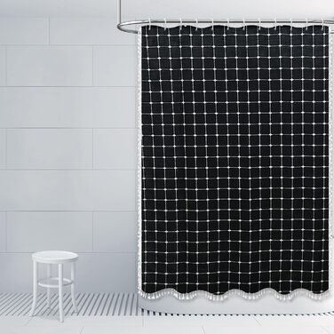 Шторка для душу сіро-зеленого кольору - сільський бохо-сучасний стиль, тканина льон, для ванної кімнати, вінтажний стиль, міцна, комплект зі бахромою, стильна богемна шторка для душу, 48x72 дюйми (121.9 x 182.9 см, 1 шт., чорний)