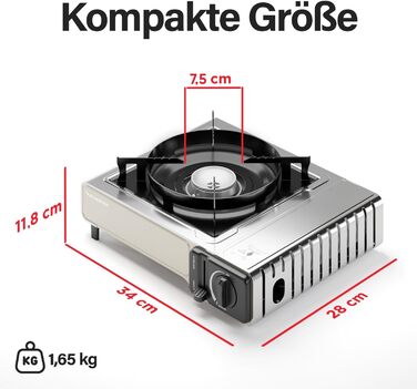 Газовий наметний газовий нагрівач Gaskocher з 1 пальником, Piezo-запалюванням та грилем BBQ 38 см, 2.2 кВт