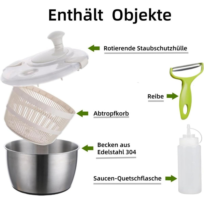 Салатниця-центрифуга XXL з нержавіючої сталі 5л, з очищувачем та пляшкою для віджиму - придатна для миття в посудомийній машині - ідеальна велика салатниця для миття та сушіння салату