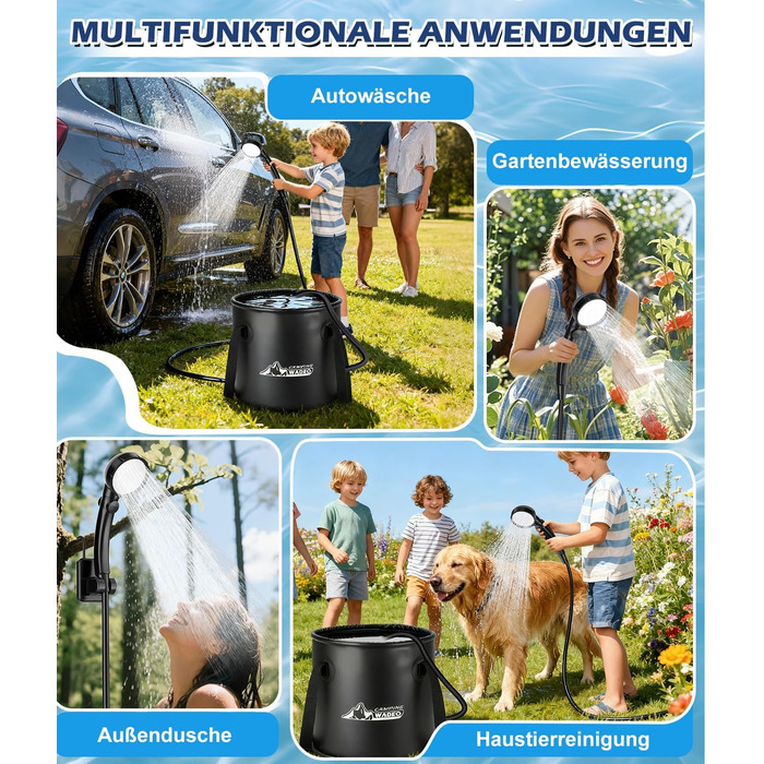 Портативна кемпінгова душова система WADEO з акумулятором, насосом та нагрівачем, 20л бак, для відпочинку, подорожей, автомиття та надзвичайних ситуацій