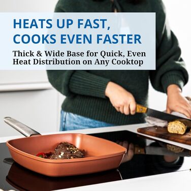 Сковорода-гриль Westinghouse PERFORMANCE SERIES 28 см з нержавіючої сталі, для індукції, грилю та всіх плит, з антипригарним покриттям, для духовки та мийки, алюміній (червоно-коричневий)