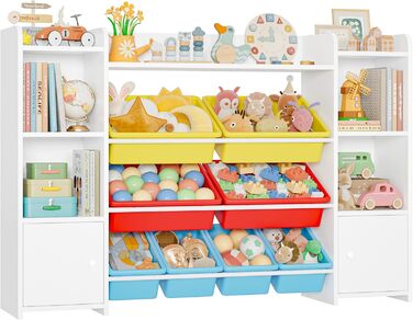 FOREHILL Регульована полиця для іграшок з 8 ящиками, дитячий шафчик, книжкова полиця для дітей, органайзер для іграшок, меблі для дитячої кімнати з іграшковою коробкою, 138,8 x 94,3 x 29,6 см, білий (білий з червоним)