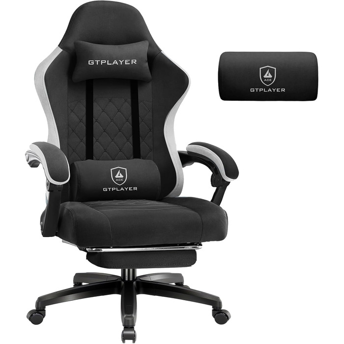 Ігровий крісло GTPLAYER з тканиною, з кишеньковим пружинним сидінням, ергономічний поворотний крісло, геймерське крісло з підніжкою, чорний, до 150 кг