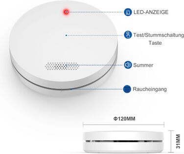 Набір димових сповіщувачів Rauchmelder 5шт. з батареєю на 10 років, плоскої форми, сертифіковані TÜV Rheinland, з функцією вимкнення звуку, 85dB, автономні, чутливі, білі