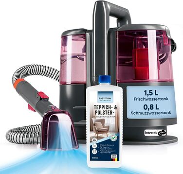 CLEANmaxx Професійний пароочисник та чистий для килимів і м'яких меблів | Spot Cleaner & EASYmaxx засіб для чищення килимів | Миючий пилосос для диванів, авто, килимів, м'яких меблів тощо | Видалення плям (червоний з шампунем, Pro Power 600W)