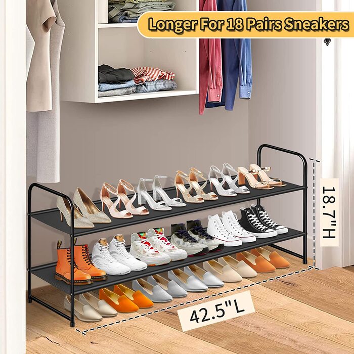 Довгий 2-поверховий органайзер для взуття SLEEPING LAMB для шафи, що складається широка полиця для взуття, низькі полиці для взуття на 18 пар, місце для зберігання в спальні, підлога, передпокій (Чорний) Бронзовий