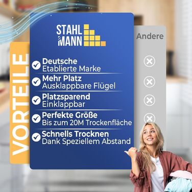 Розсувна сушарка для білизни STAHLMANN XXL чорна, 20м площі сушіння, з затискачами для дрібних речей, виробництво ЄС