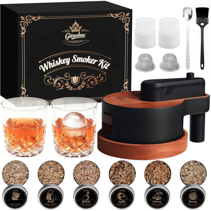 Набір для копчення віскі з інтегрованим запальничкою, 6 видів дерев'яної стружки, 2 склянки, 2 форми для льоду, набір для коктейлів, подарунок на Різдво та день народження для чоловіків, батька, чоловіка (БЕЗ бутану) (коричневий)
