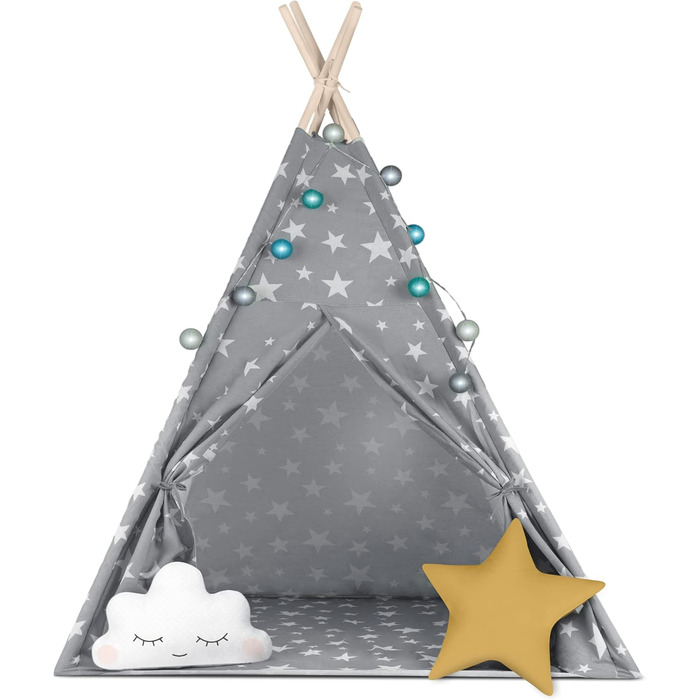 НЮКІДО Палатка для іграшок Tipi з бавовни та дерев'яним каркасом, сіра з зірками, 120x120x165 см