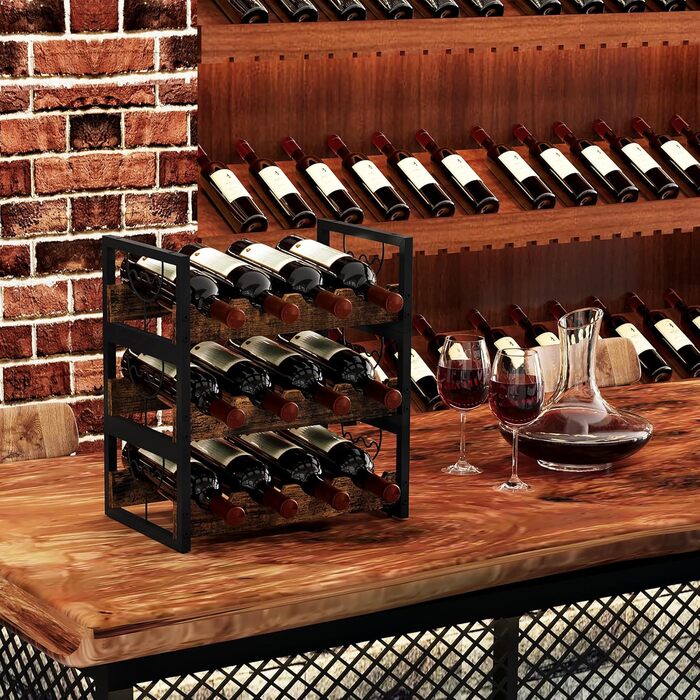 Стелаж для вина на 12 пляшок, 3 яруси, підставка для вина, органайзер для пляшок, античний коричневий