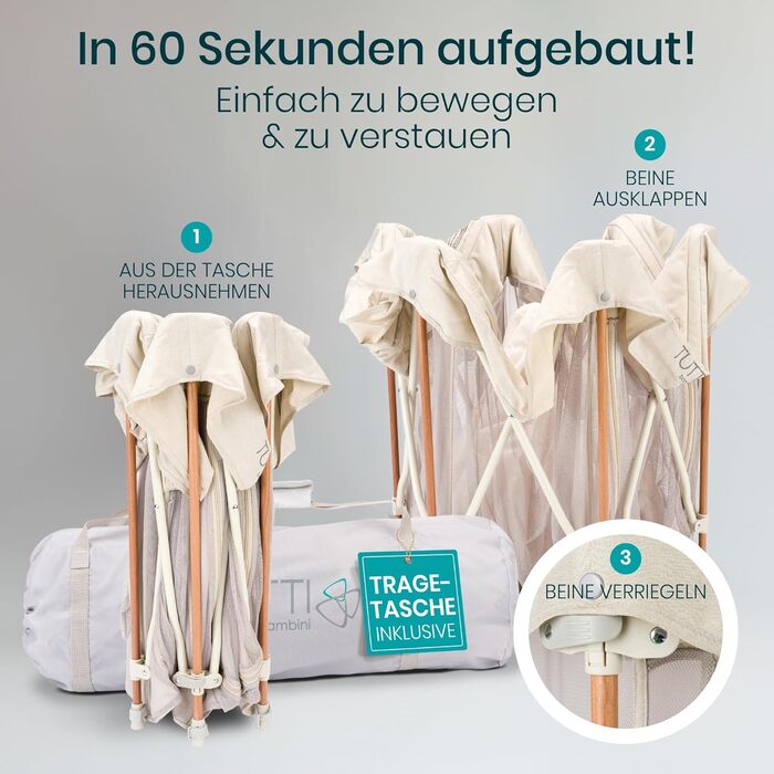 Дитячий портативний ігровий центр Tutti Bambini Laufstall - ігровий майданчик з сіткою 360°, механізмом швидкого складання, дверцятами на блискавці, килимком та сумкою для перенесення, 135 x 135 x 75 см (Бежевий)