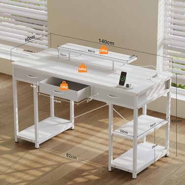 Комп'ютерний стіл Claiks з 3 висувними ящиками, полицею, 2 розетками та 2 USB-портами для зарядки, білий (140 x 60 см)