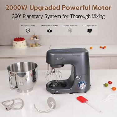 Кухонна машина 2000W з міксером та набором насадок, 7.2 л, нержавіюча сталь, сірий колір