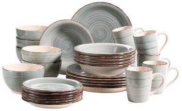 MÄSER Bel Tempo II: 30-ти частинний вінтажний сервіз для 6 осіб, ручної роботи, блакитна кераміка, Steingut, димчасто-блакитний колір