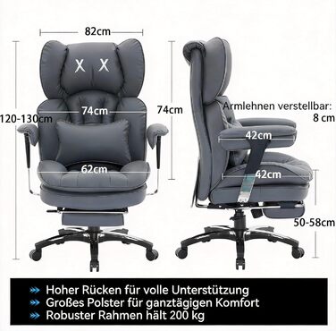 Офісне крісло Efomao X-Stickerei для дому та офісу, шкіряне (PU) для великих та високих, з регульованою спинкою, підставкою для ніг та підтримкою попереку, чорне, до 200 кг