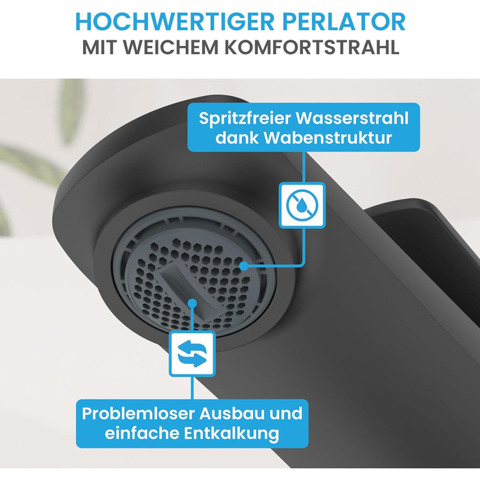 Змішувач для умивальника Bächlein Aldeya чорний матовий з монтажним комплектом, високий однорідний змішувач для накладної раковини