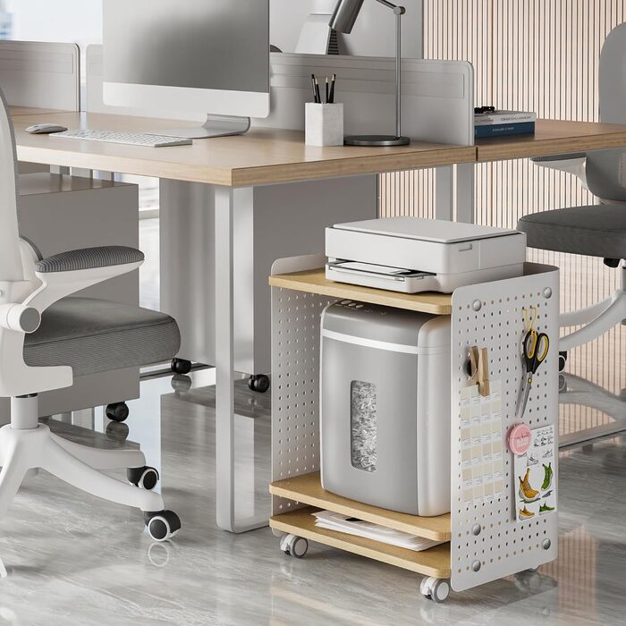 Стіл для принтера Fenge з колесами, мобільний тримач для принтера з перфорацією, 3 рівні, стійка для принтера/роликовий контейнер з органайзером, полиця, шафа для документів, для офісу та дому, 45,3x33,5x53,5 см (Дуб+Білий)