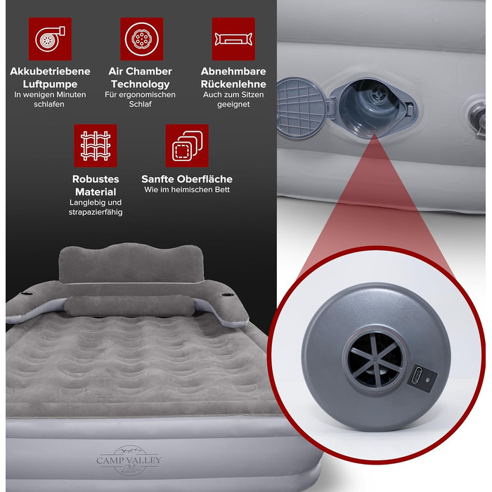 Надувне ліжко для гостей 200x150х40 см з підголовником, самонадувне, з вбудованим насосом, для кемпінгу