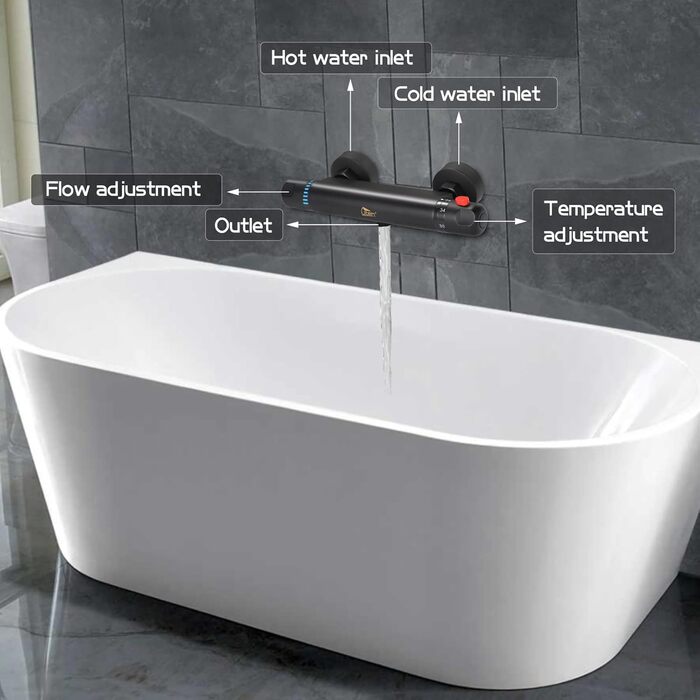 Змішувач для ванни з термостатом Uten, чорний, латунь, 2 виходи, захист 38°C