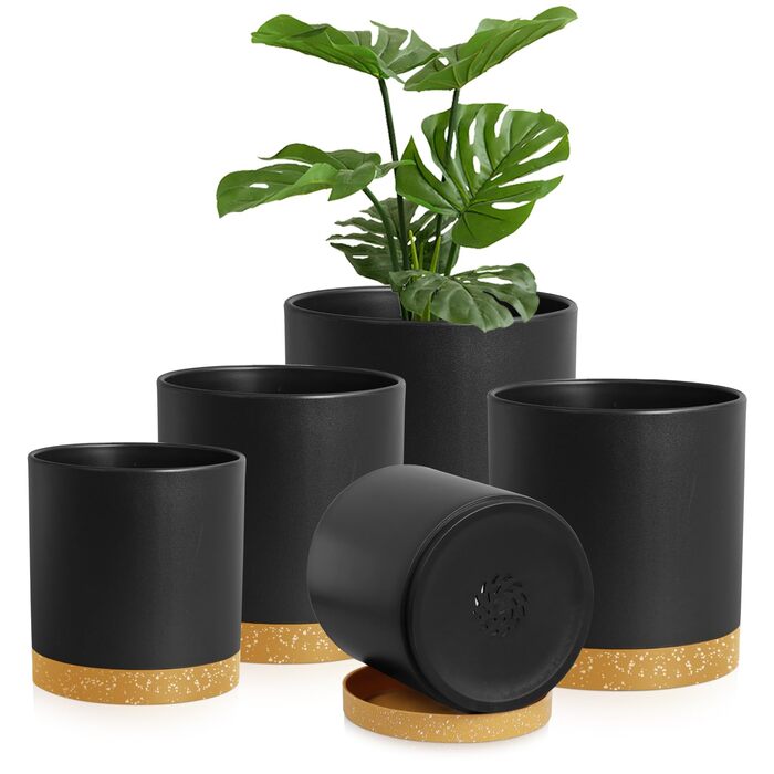 Набір горщиків для квітів 5 шт. з підставками, 17.8/15.2/14/12.7/10.2 см, пластик, для дому та балкону, чорний з коричневою підставкою
