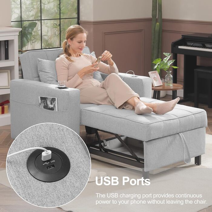 DURASPACE розкладне крісло-ліжко 3-в-1, 99 см, із USB, кишенею, підстаканником, для малих приміщень, зелений/світло-сірий
