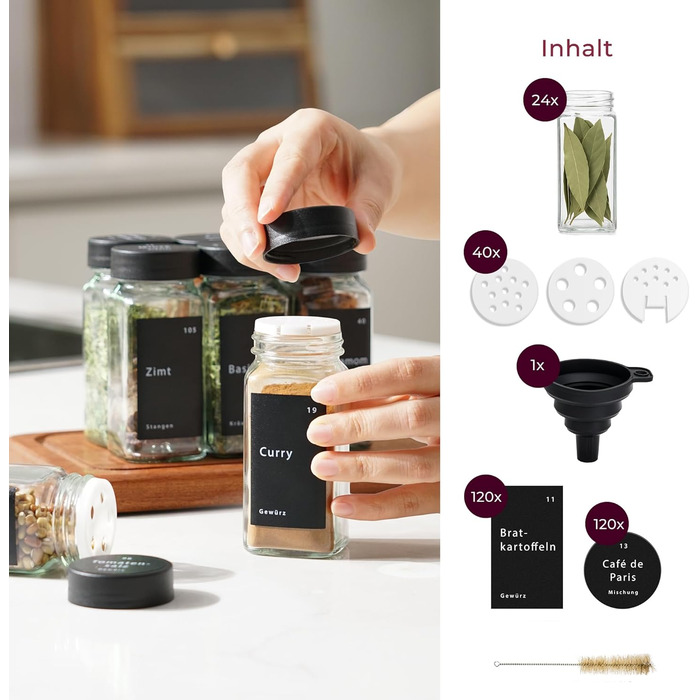 Набір баночок для спецій - 24 шт. з етикетками та бамбуковими кришками, 120 мл, з дозаторами та аксесуарами. Чорні кришки