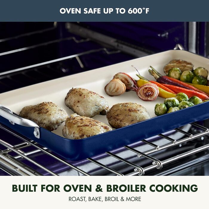 GreenPan сковорода-гриль з подвійним дном, 45.7 x 27.9 см, керамічне покриття, антипригарна, без PFAS, нержавіючі ручки, для плити, посудомийна машина, духовка та гриль, блакитний колір Oxford