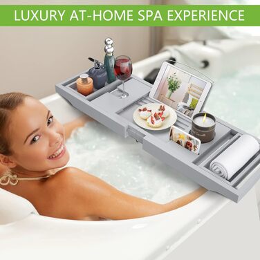 Підставка для ванни Artmalle, складана бамбукова підставка для ванни з тримачем для книги та келиха, безкоштовна мильниця, для розслаблення та читання, натуральний бамбук (сірий, складна)