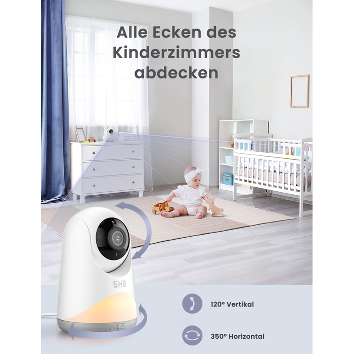 Відеоняня GHB з камерою 5'' HD IPS, 720P, 3050mAh, VOX, Zoom 3X, Нічне бачення, Зв'язок, 8 колискових, Підтримка 4 камер