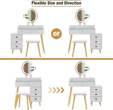 Туалетний столик TUKAILAI з підсвічуванням, табурет, світлодіодне дзеркало, висувні ящики, скляна стільниця, білий, для підлітків/жінок