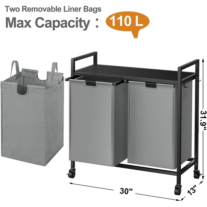 WOWLIVE Кошик для білизни з кришкою та колесами, сірий, 110л. З верхньою полицею та 2 знімними мішками для сортування