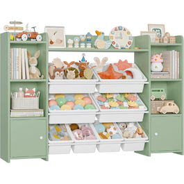 FOREHILL Регульована полиця для іграшок з 8 ящиками, дитячий шафка, книжкова полиця для дітей, меблі для дитячої кімнати з ящиком для іграшок, 138,8 x 94,3 x 29,6 см, білий (зелений)