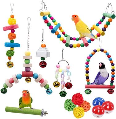 Іграшки для птахів MQUPIN, 14 предметів, гойдалки для папуг, дерев'яні сходи, гамак, іграшки для папуг, пташині клітки, аксесуари для маленьких і середніх папуг, Кореллі(14 упаковок). (14 шт. (1 упаковка))