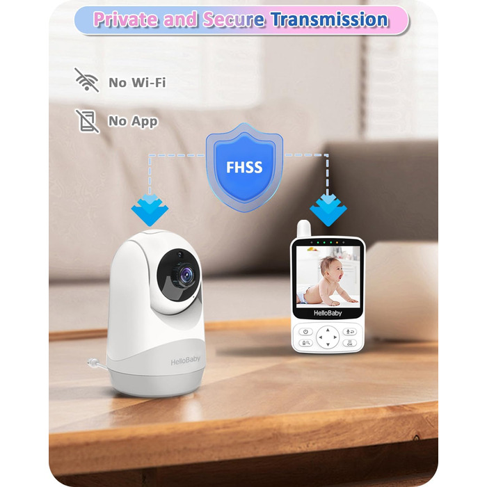 Радіоняня HelloBaby з камерою, 29 год автономії, поворотна камера 318°/120°, нічний режим, 2-сторонній зв'язок HB6240