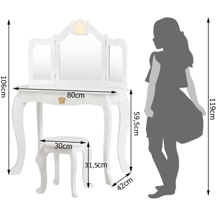 Туалетний столик DREAMADE дитячий з табуреткою, шухлядою та дзеркалом, туалетний столик із захистом проти нахилу (білий)