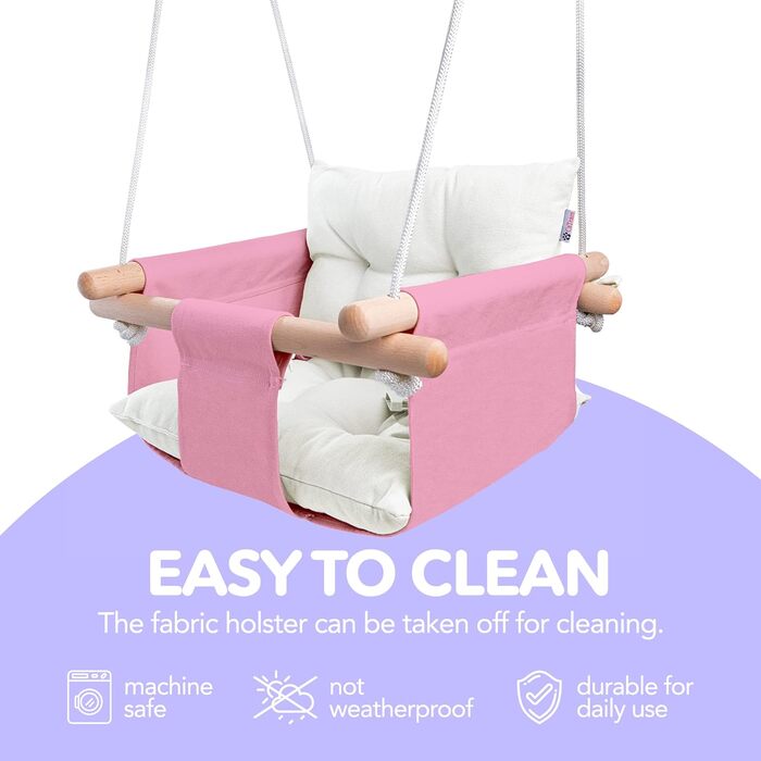 Дитяча гойдалка Cateam з дерева для дому та саду. Безпечний ремінь, від 12 місяців. Різні кольори, рожева.