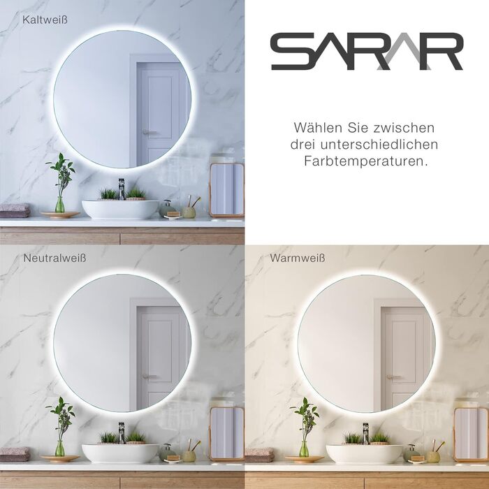 SARAR Круглий дзеркало для ванної кімнати з LED-підсвічуванням 120 см, Made in Germany, дизайн MAR113