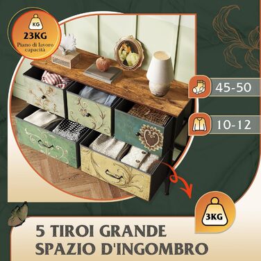 Комод WLIVE з 5 висувними ящиками з тканини, шафа для спальні, комод у вітальню, зі сталевим каркасом, богемний стиль, 29.8T x 100B x 63.7H см (5 ящиків), зелений