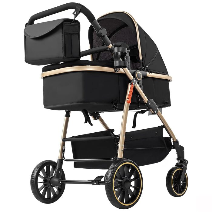 Дитяча коляска 3 в 1 PU-Leder, Комфортна багатофункціональна коляска-трансформер 3 в 1, Алюмінієва рама, Висока проходимість, Коляска для новонароджених, Складана коляска (L518 Khaki, V8 BlackGold, V8 Model)