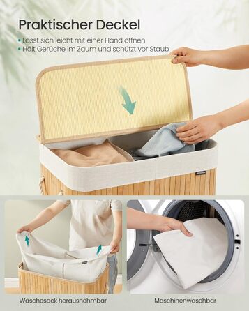 SONGMICS Кошик для білизни 95 л з кришкою, бамбук, з ручками, складний, знімний мішок для прання, для пральні, LCB060Y01