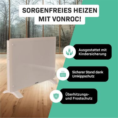 Електричний конвекторний обігрівач VONROC - 1500W, білий. Економний обігрівач для дому, 15-24 м²