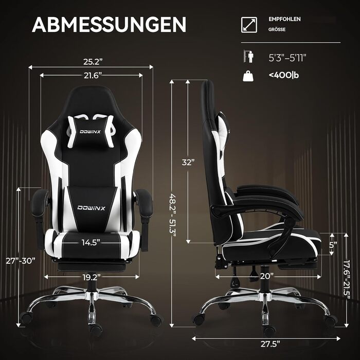 Ігровий крісло Dowinx з підніжкою та масажем попереку. Ергономічне, комфортне, з підголовником. Ідеально для офісу, дому, стрімінгу та тривалих ігрових сесій, біле.