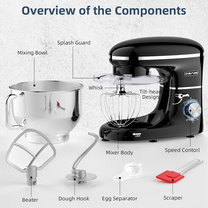 Кухонна машина Cheflee 2000W з чашею 6.2L з нержавіючої сталі, 6 швидкостей, низький шум, міксер, гак для тіста, захист від бризок, чорна