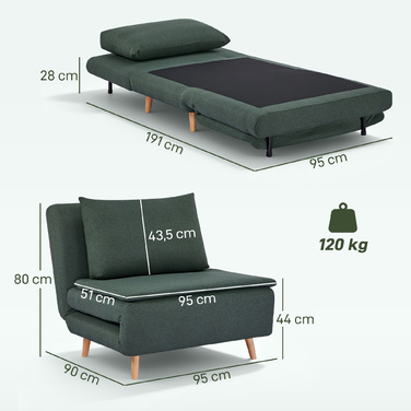 Тріо-функції: розкладний крісло-ліжко, крісло для відпочинку, регульована спинка, букові ніжки, подушка, темно-зелений