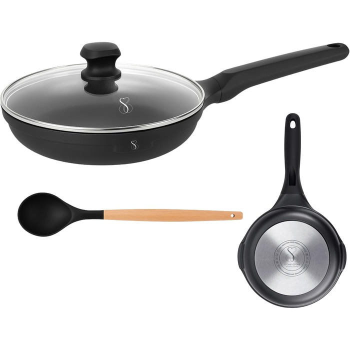 Сковорода-гриль Stone&Stone 28x28 см | Професійна сковорода для стейків | Німецьке антипригарне покриття GREBLON C3+ без PFOA | Знімна ручка | Підходить для індукції, газу та духовки | Для приготування барбекю з щипцями (24 см)